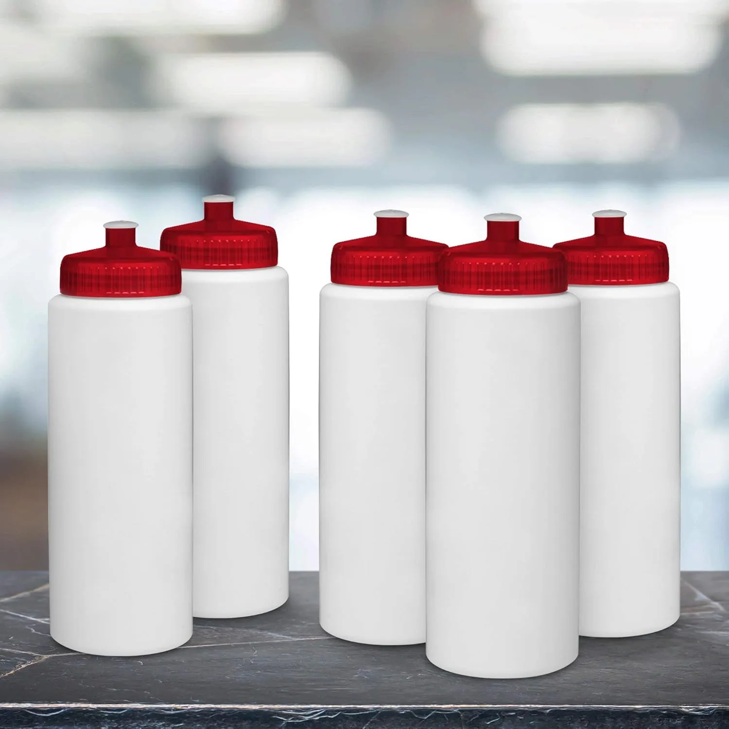 DISCOUNT PROMOS HDPE Plastic Leak-Free Bottles 32 oz. Set of 10, Bulk Pack - BPA Free, Great for Gym, Camping, Backpacking, School - Trans Red