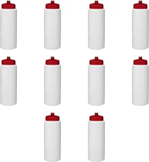 DISCOUNT PROMOS HDPE Plastic Leak-Free Bottles 32 oz. Set of 10, Bulk Pack - BPA Free, Great for Gym, Camping, Backpacking, School - Trans Red