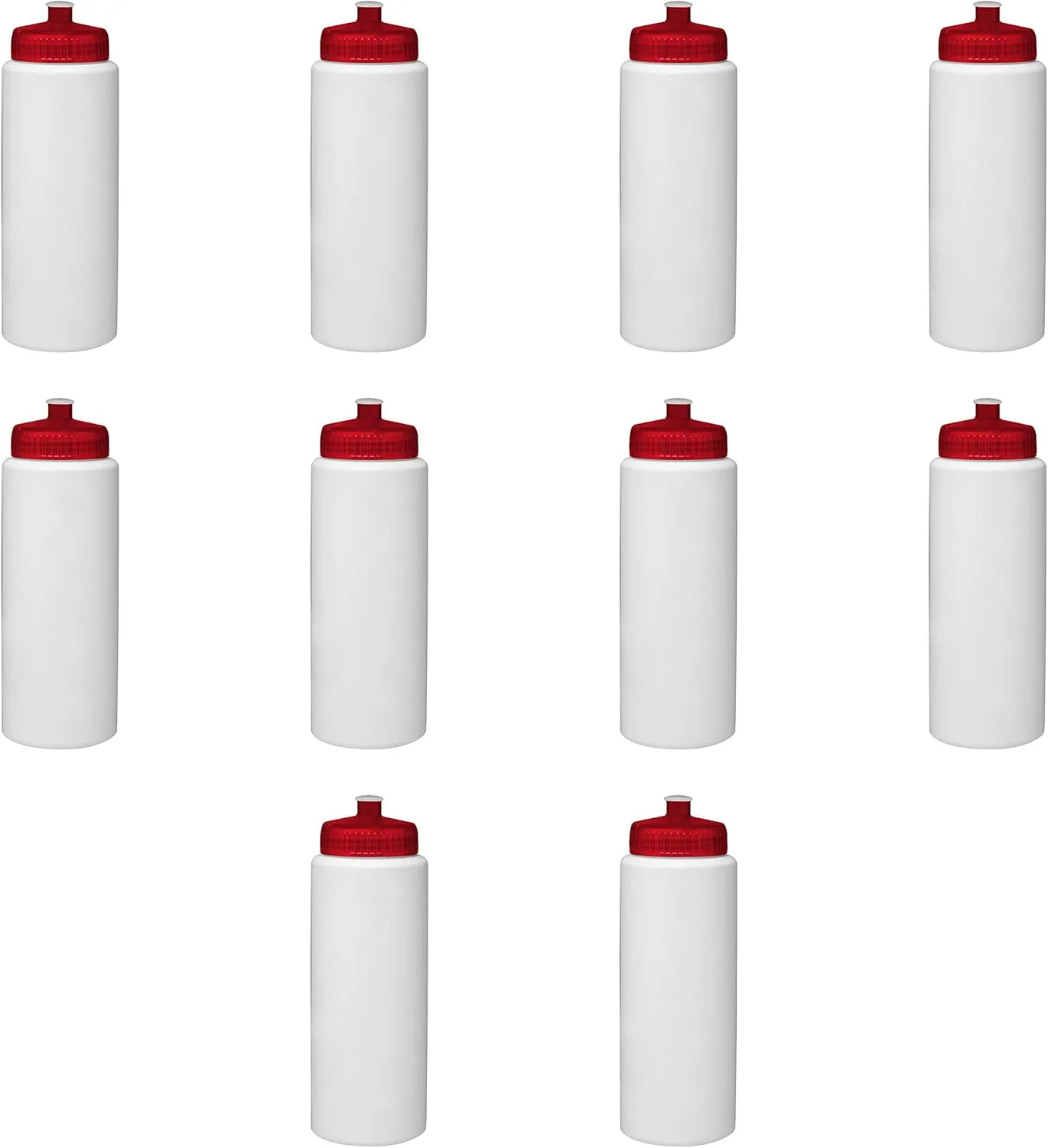 DISCOUNT PROMOS HDPE Plastic Leak-Free Bottles 32 oz. Set of 10, Bulk Pack - BPA Free, Great for Gym, Camping, Backpacking, School - Trans Red
