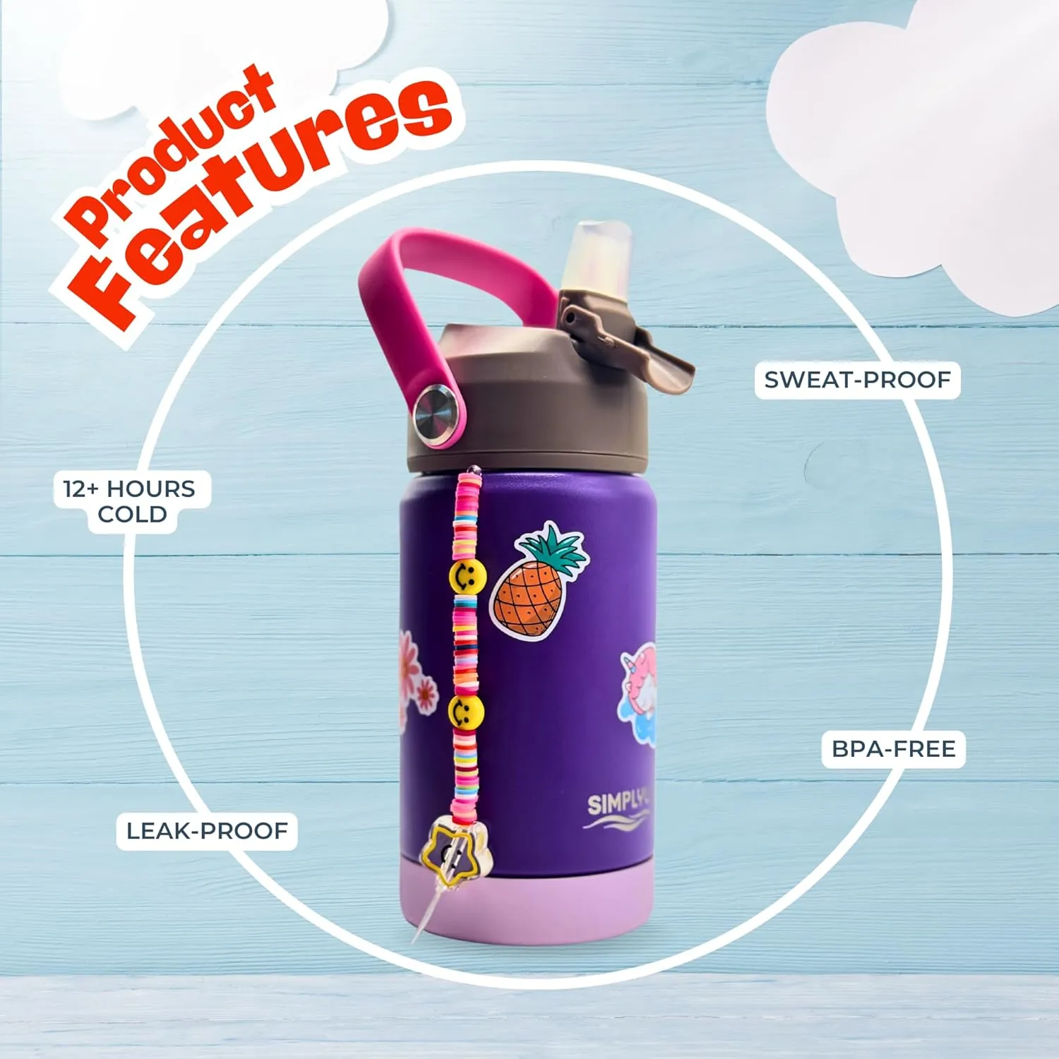 DIY Water Bottle Decorating Kit for Kids – 12oz Personalized Stainless Steel Tumbler with Stickers & Beaded Charm – Fun Customizable Craft Gift for School & Birthday, Girls & Boys (Purple)