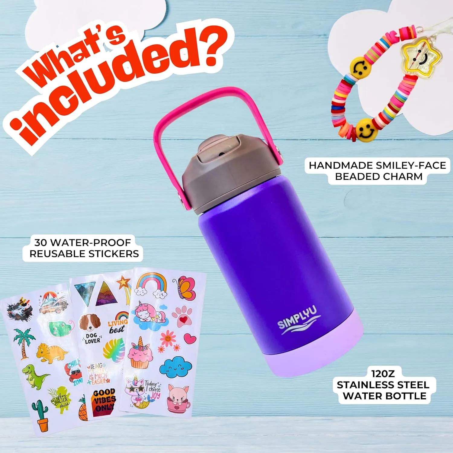 DIY Water Bottle Decorating Kit for Kids – 12oz Personalized Stainless Steel Tumbler with Stickers & Beaded Charm – Fun Customizable Craft Gift for School & Birthday, Girls & Boys (Purple)