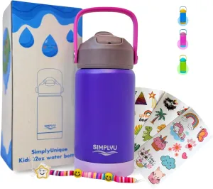 DIY Water Bottle Decorating Kit for Kids – 12oz Personalized Stainless Steel Tumbler with Stickers & Beaded Charm – Fun Customizable Craft Gift for School & Birthday, Girls & Boys (Purple)