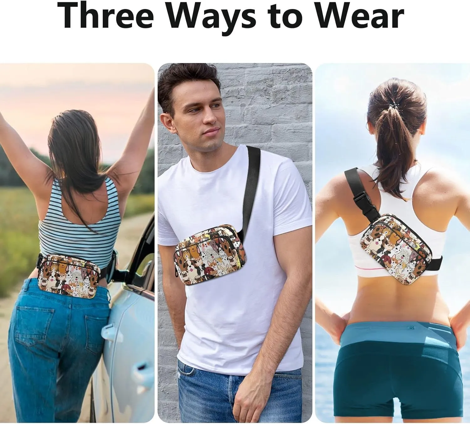 Dog Fanny Pack Fashion Belt Bag Women Waist Bag Waterproof Adjustable Strap Casual Travel Hiking Cycling Running
