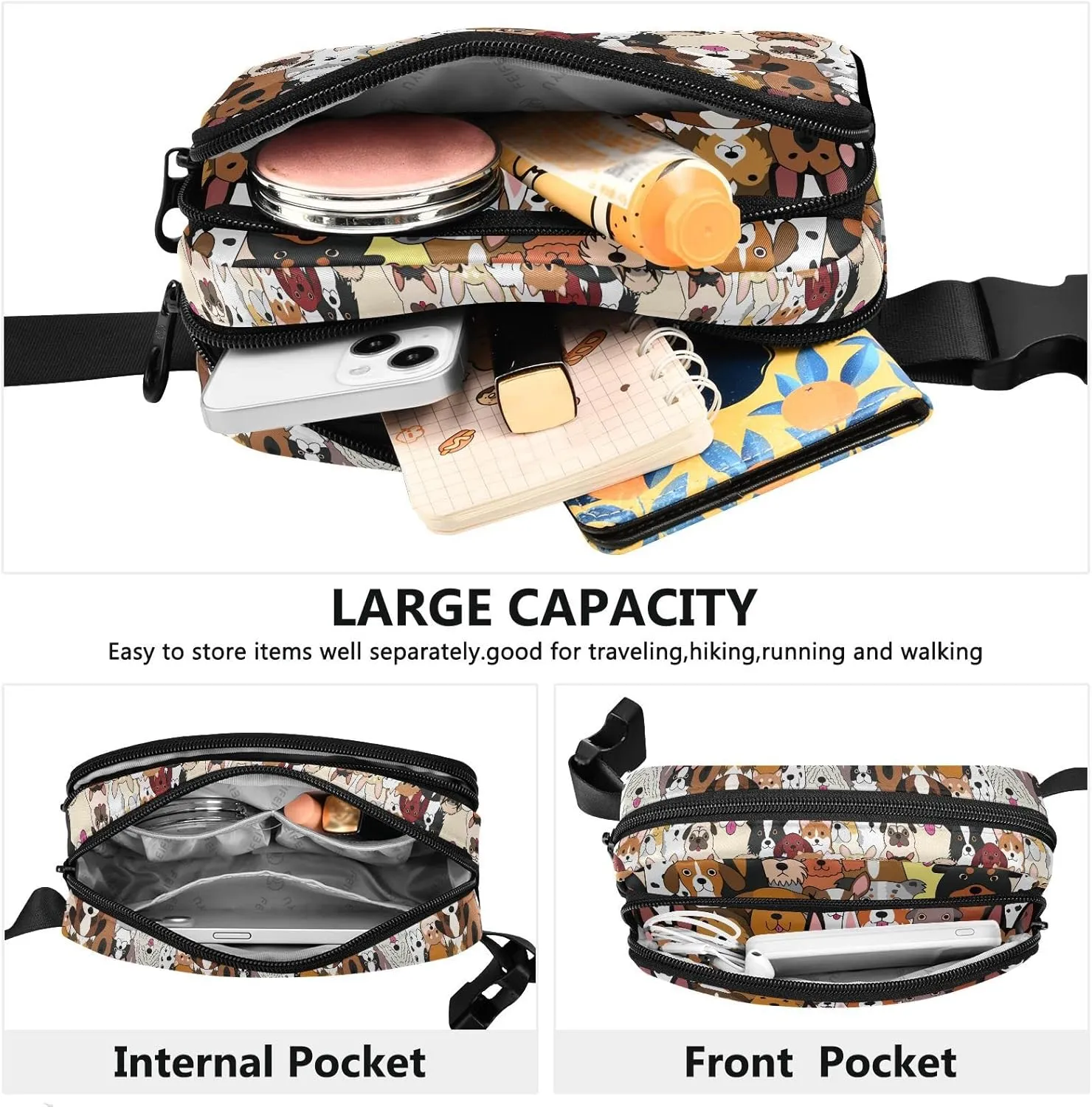 Dog Fanny Pack Fashion Belt Bag Women Waist Bag Waterproof Adjustable Strap Casual Travel Hiking Cycling Running