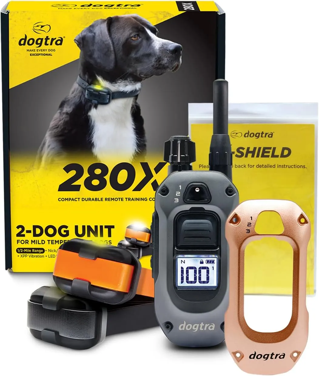 Dogtra 280X 2-Dog E-Collar with Remote - [X-Shield Front Plate - Champange Gold] 10 lbs , 1/2 Mile Range, LED Light, 100 Levels for Stubborn Dogs