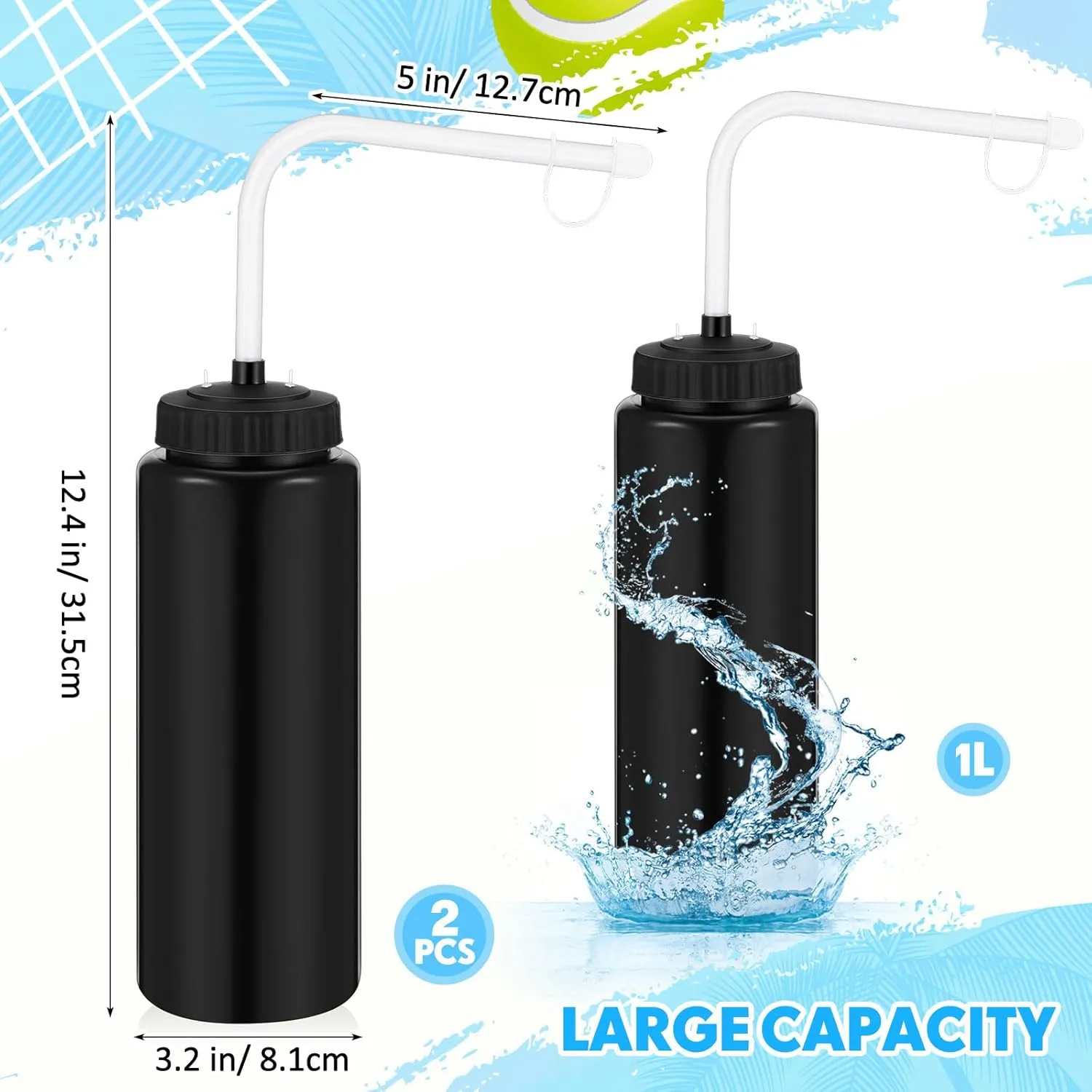 Domensi 2 Pack 1 Liter Sports Water Bottle with Long Straw Hockey Lacrosse Water Bottle with Straw Bpa Free Easy Squeeze Plastic Use with Sport Helmet in Football Baseball Gym Yoga(Black)