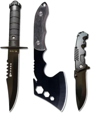 DOOM BLADE 3 Piece Small Survival Hatchet Camping Axe&Fixed Blade Knife Combo Set,Tomahawk,Hatchet,Pocket Folding Knives,440C Steel Blade with Nylon Sheath for Outdoor Hunting Camping(Type-1)