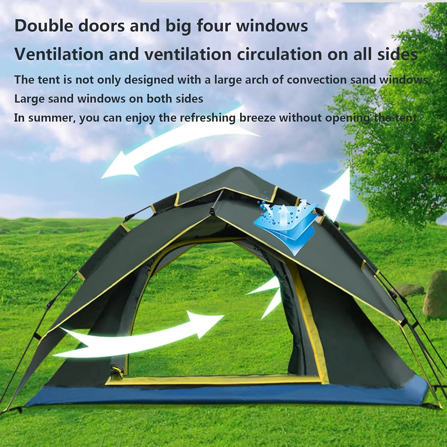 Double-Layer Fast Tent Double-Door Multi-Function Family Picnic Camping Hiking Tent That Accommodate 2-3 People Rain-Proof Sun-Proof Beach Awning (Color : Dark Green, Size : 210 * 155 * 130CM)
