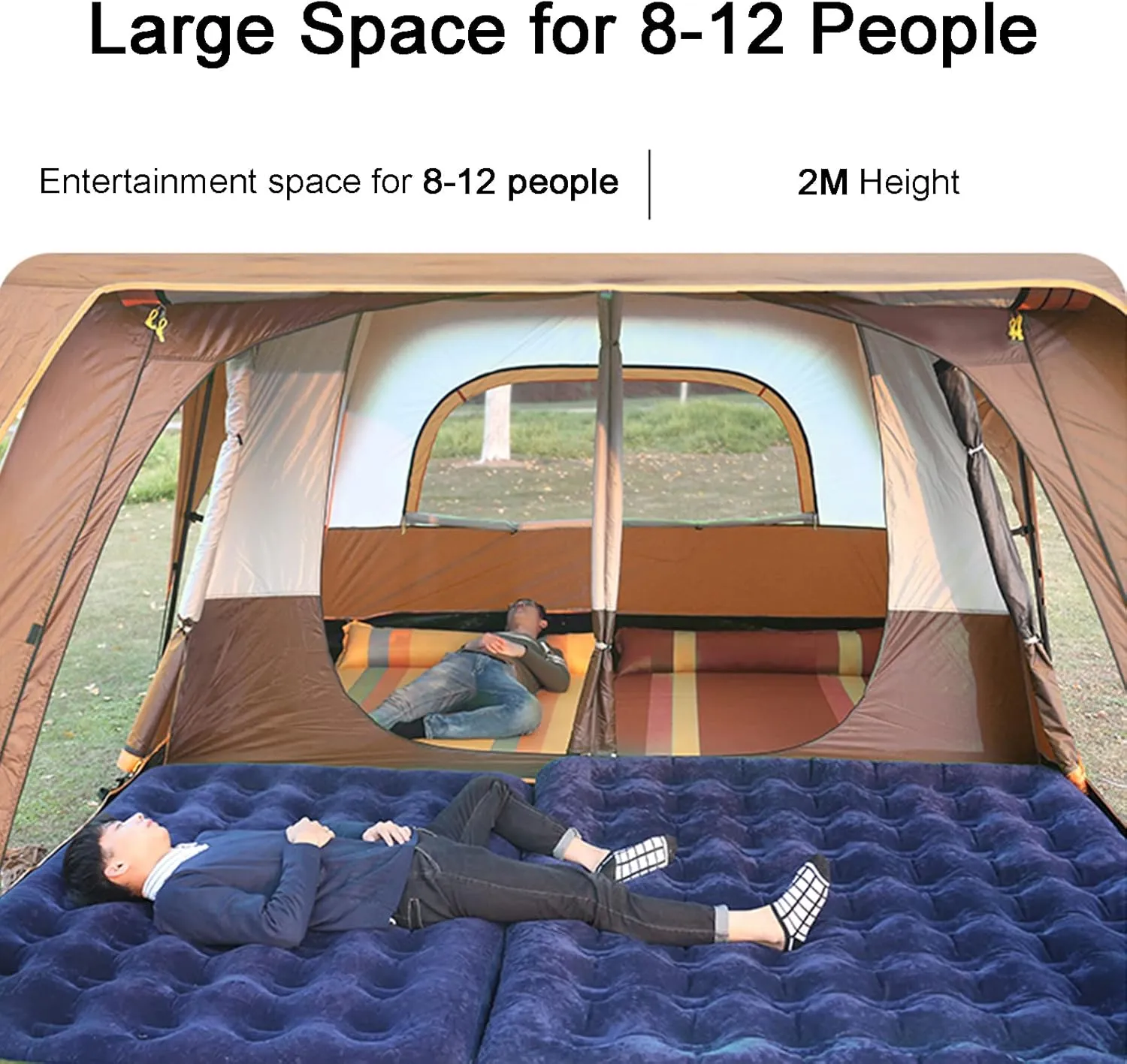 Double Layer Tent for Camping with Porch,12 Person Family Cabin Tents,2 Rooms,Straight Wall,3 Doors and 3 Window with Mesh,Waterproof,Big Dome Tent for Outdoor,Picnic,Friends Gathering