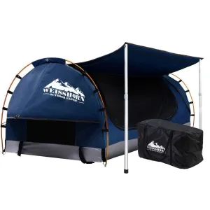 Double Swag Camping Swags Canvas Free Standing Dome Tent Dark Blue with 7CM Mattress