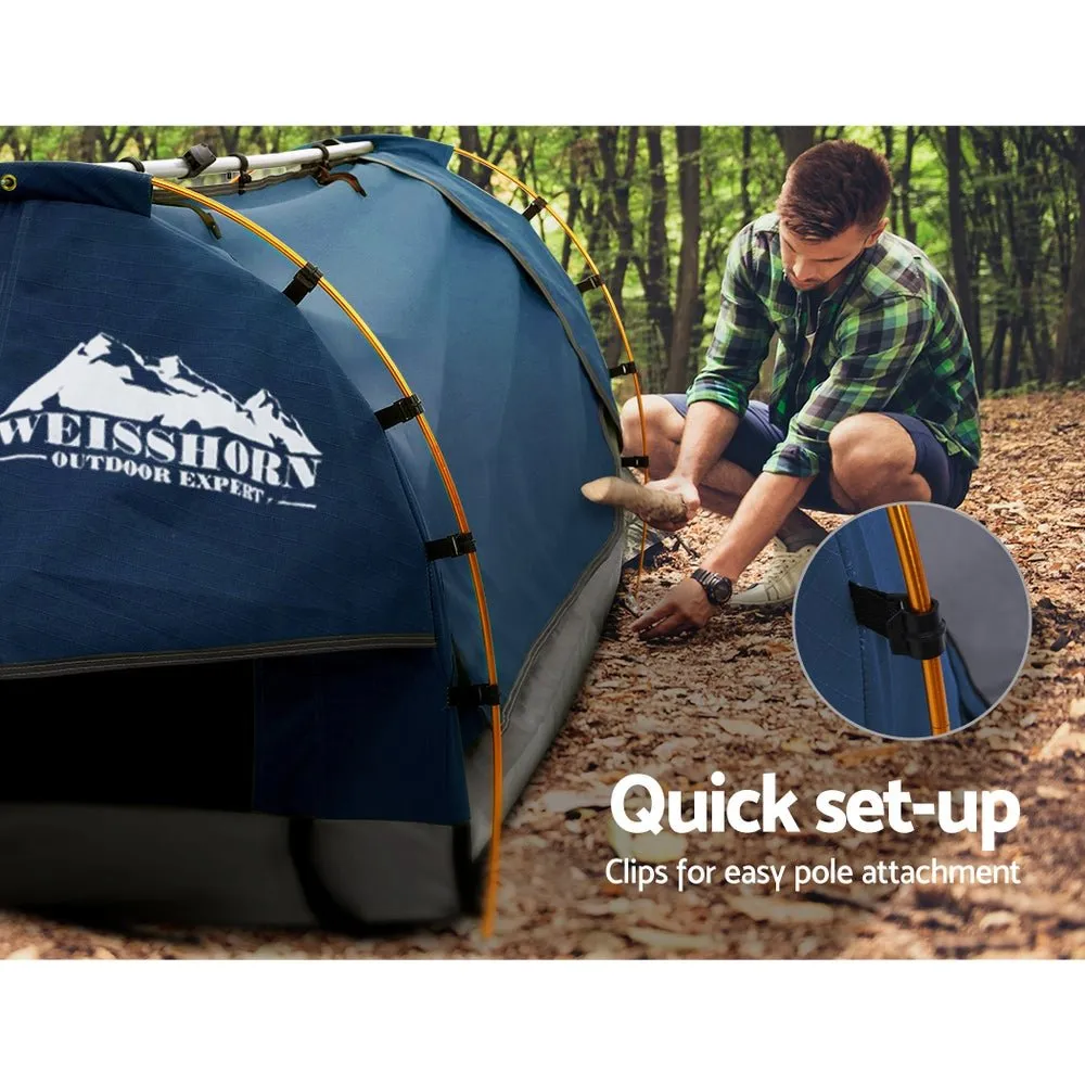 Double Swag Camping Swags Canvas Free Standing Dome Tent Dark Blue with 7CM Mattress