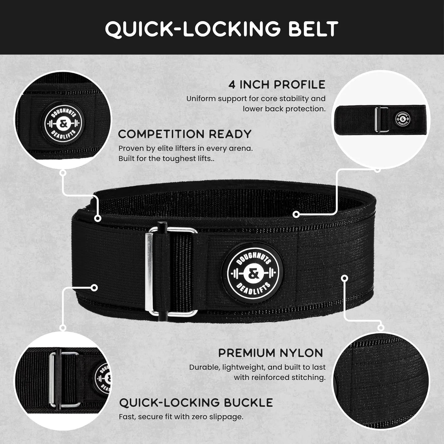 Doughnuts & Deadlifts Quick Locking Weight Lifting Belt for Bodybuilding, Powerlifting, Cross Training - 4-Inch, Nylon, Metal Buckle