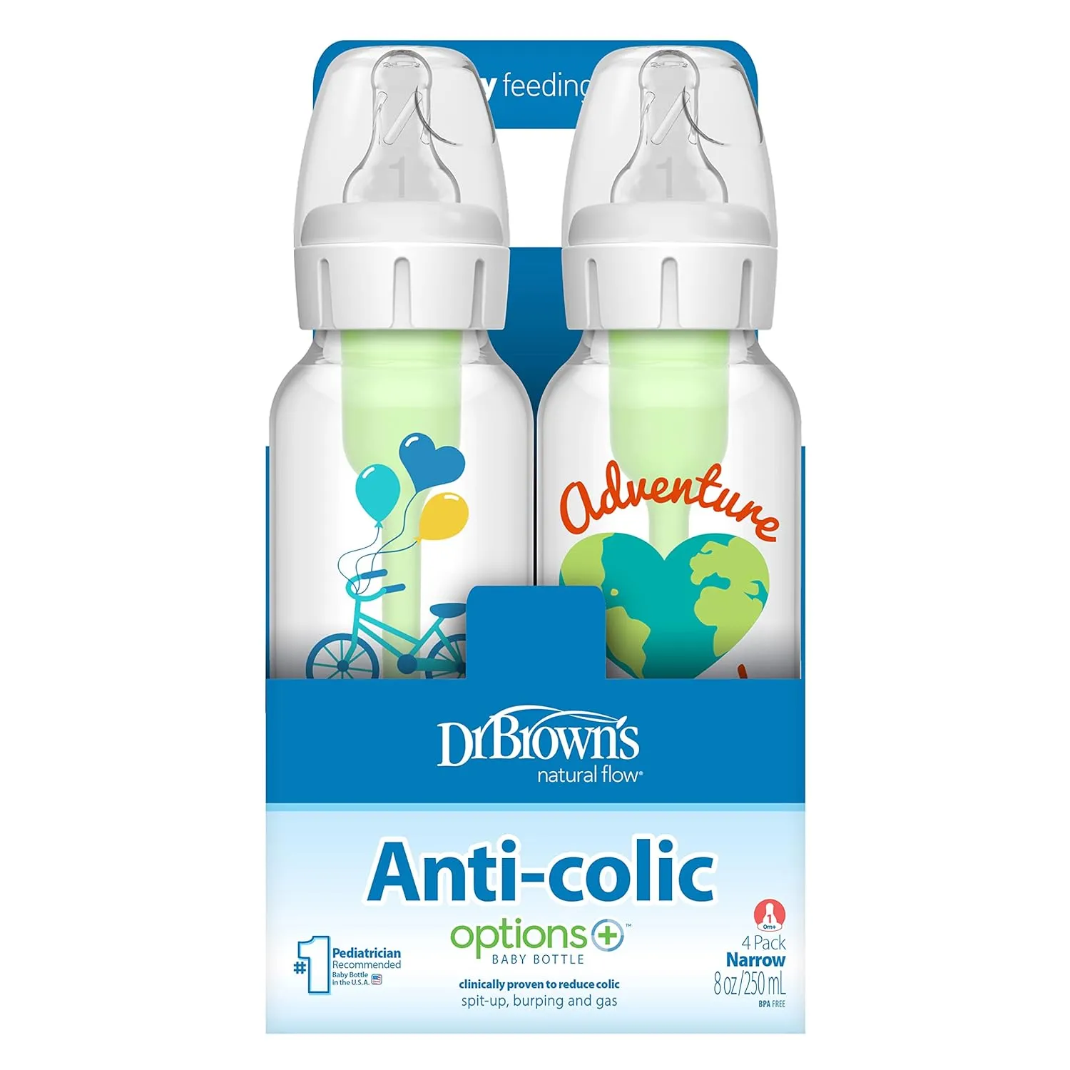Dr. Brown's Natural Flow Anti-Colic Options  Narrow Baby Bottle, Dream Adventure, 8 oz/250 mL, with Level 1 Slow Flow Nipple, 0m , 4 Count (Pack of 1)