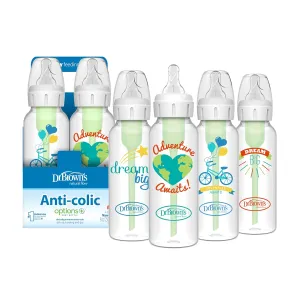 Dr. Brown's Natural Flow Anti-Colic Options  Narrow Baby Bottle, Dream Adventure, 8 oz/250 mL, with Level 1 Slow Flow Nipple, 0m , 4 Count (Pack of 1)