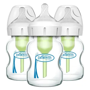 Dr. Brown's Natural Flow Anti-Colic Options  Wide-Neck Glass Baby Bottles 5 oz/150 mL, with Level 1 Slow Flow Nipple, 3 Pack, 0m 