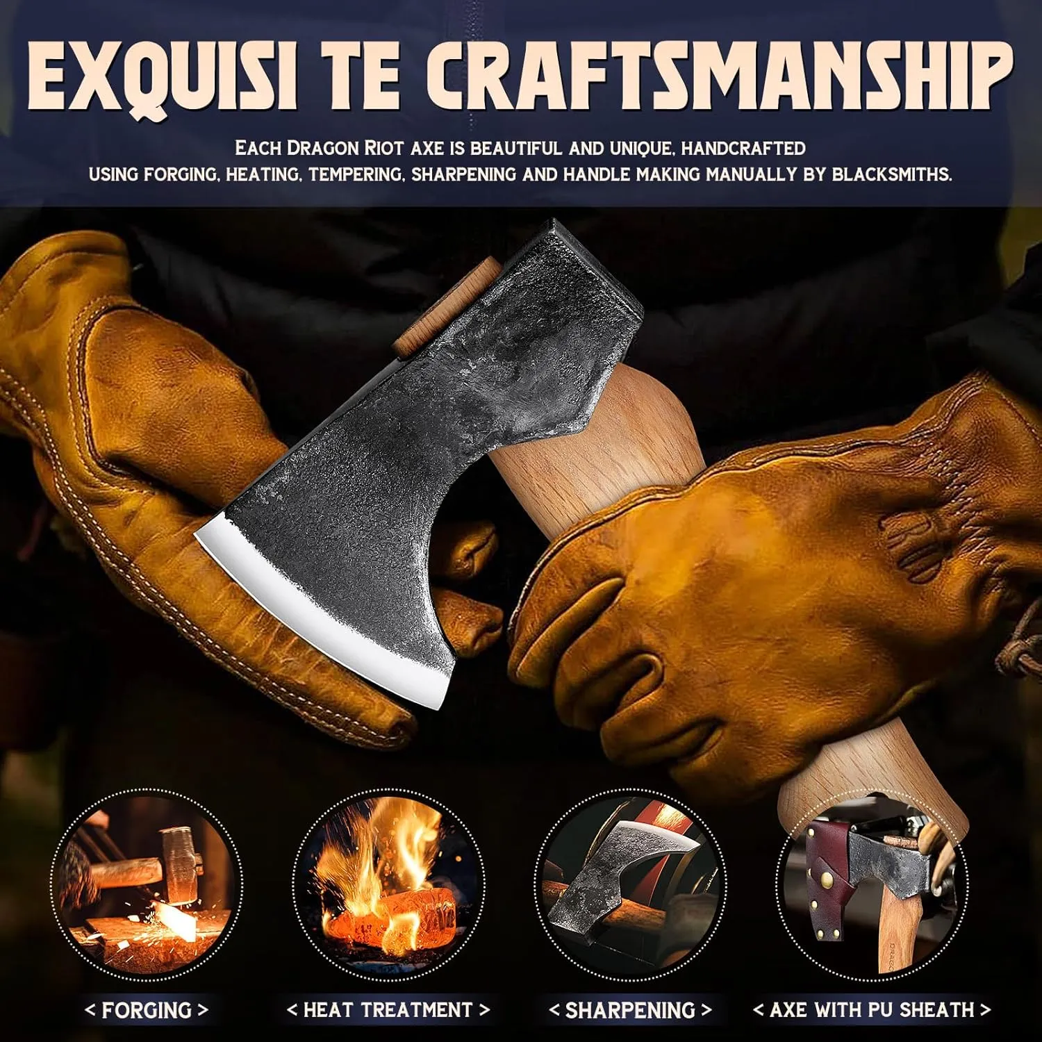DRAGON RIOT 8.5 inch Camping Axes and Hatchets, Bushcraft Axe for Wood Splitting and Kindling, Hand Forged Carbon Steel Hatchets Axe, Ash Wood Handle, Retro Sheath with Gift Box