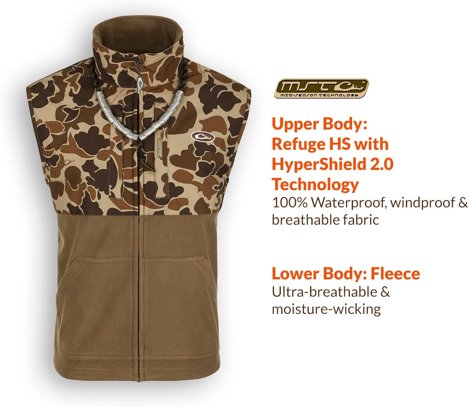 Drake Waterfowl Men's MST Eqwader Insulated Fleece-Lined Waterproof Windproof Breathable Adjustable Outdoor Hunting Zip Vest