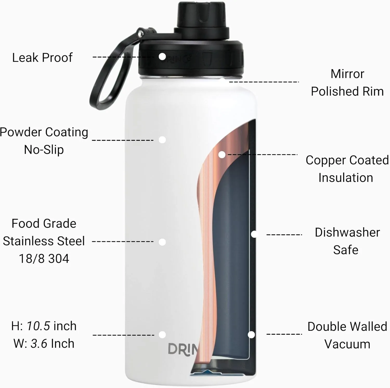 DRINCO Stainless Steel Water Bottle Spout Lid Vacuum Insulated Double Wall Water Bottle USA Flag Military Veteran (32oz Eagle Artic White, 32oz)