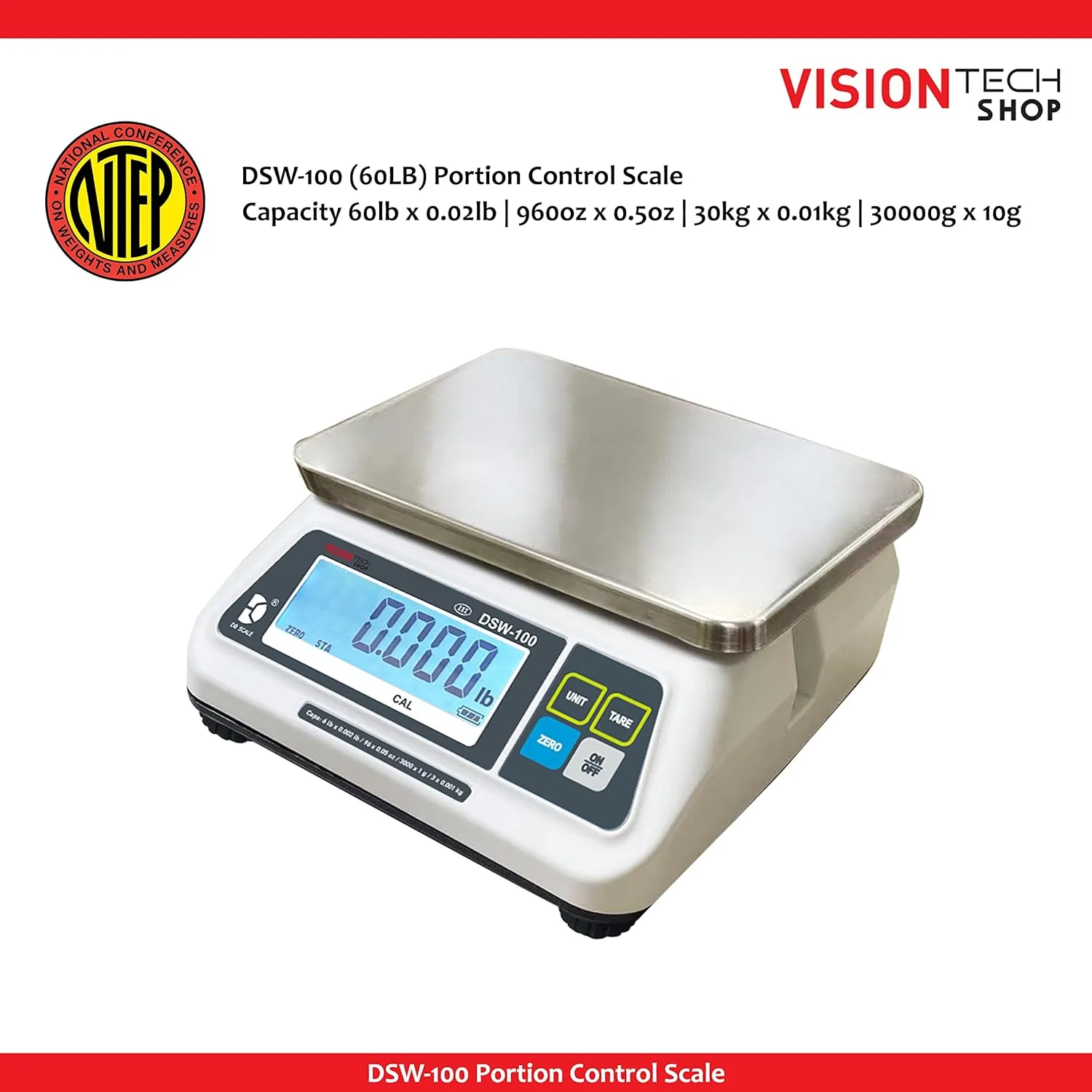 DSW-100 Portion Food Scale with Single LCD Display, Stainless Steel Platter, 60lb Capacity, 0.02lb Readability, Lb/Oz/Kg/g Switchable, NTEP COC #22-007, NSF Certified