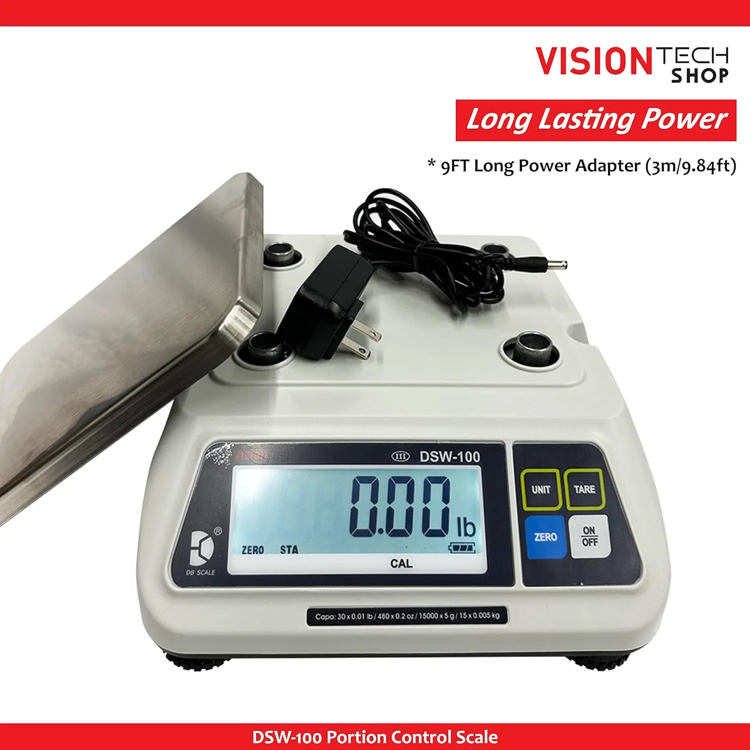 DSW-100 Portion Food Scale with Single LCD Display, Stainless Steel Platter, 60lb Capacity, 0.02lb Readability, Lb/Oz/Kg/g Switchable, NTEP COC #22-007, NSF Certified