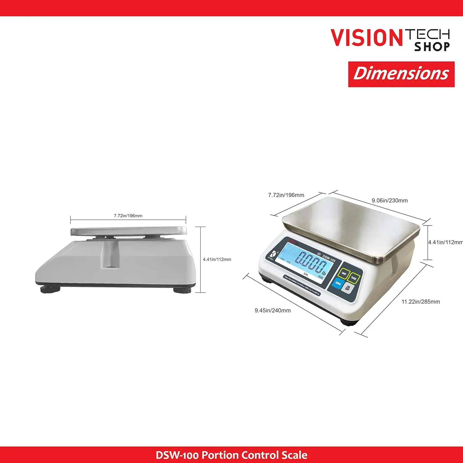 DSW-100 Portion Food Scale with Single LCD Display, Stainless Steel Platter, 60lb Capacity, 0.02lb Readability, Lb/Oz/Kg/g Switchable, NTEP COC #22-007, NSF Certified