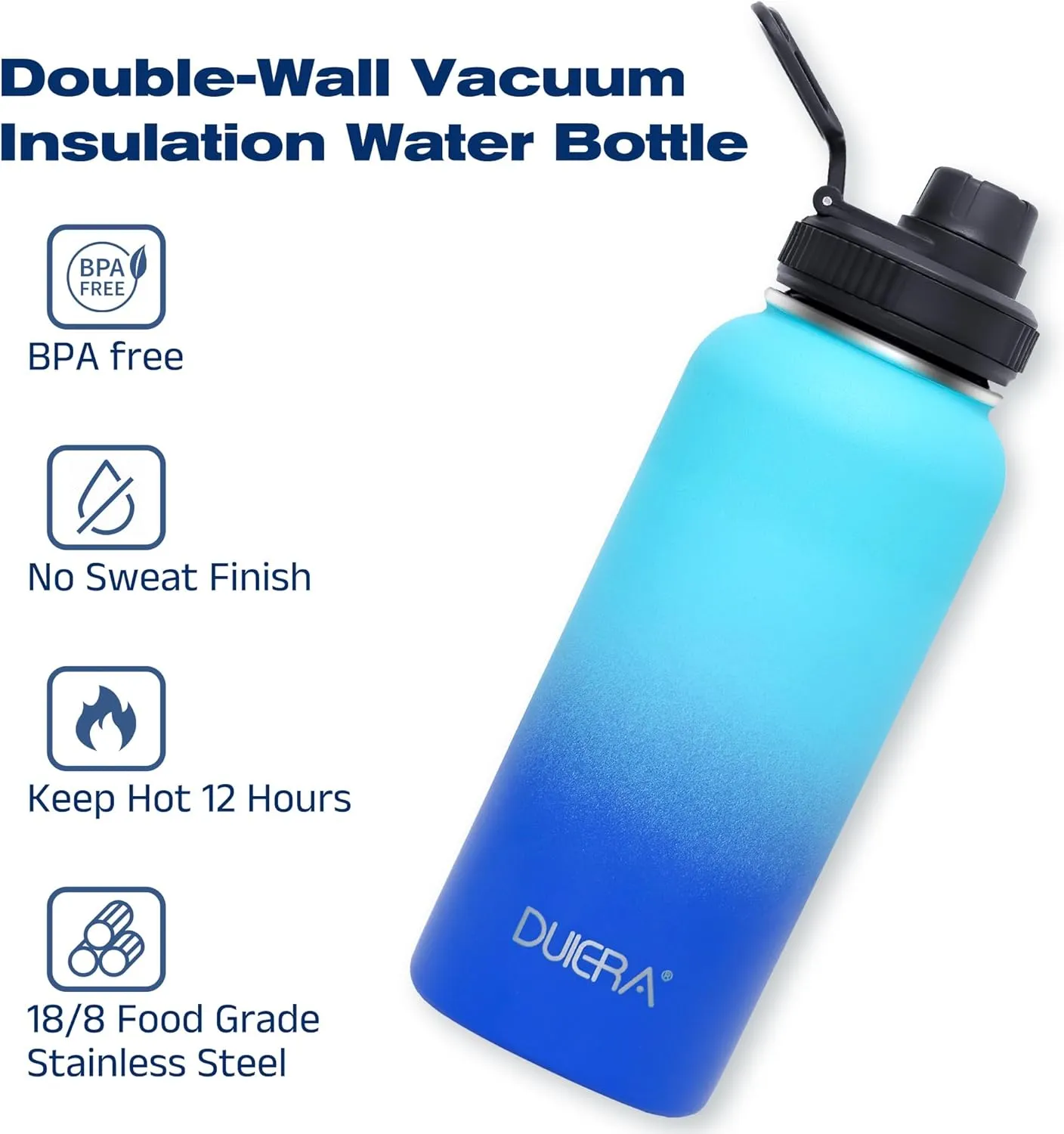 DUIERA 32 oz Water Bottle with Straw, Insulated Water Bottle with Lid, Stainless Steel Water Bottle Leak Proof & BPA Free, Portable Sports Bottle, Blue and Green
