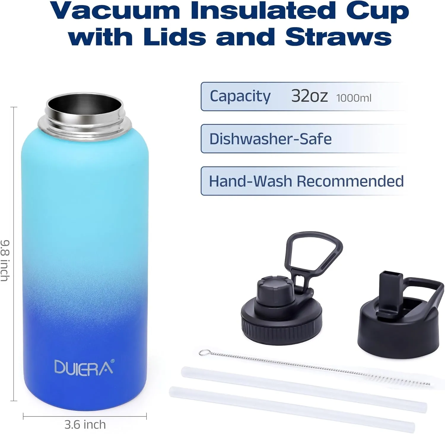 DUIERA 32 oz Water Bottle with Straw, Insulated Water Bottle with Lid, Stainless Steel Water Bottle Leak Proof & BPA Free, Portable Sports Bottle, Blue and Green