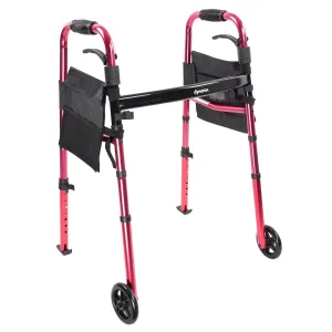Dynarex Travel Walker with Wheels is Lightweight with Ski Glide Tips to Glide Over Surfaces, Folds Easily for Travel, has a 300 Pound Weight Capacity, Red, 1 Travel Walker with Wheels
