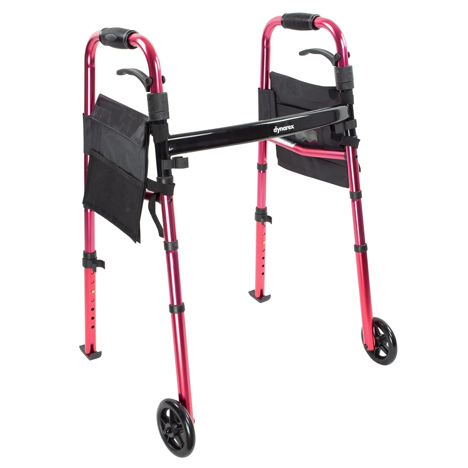 Dynarex Travel Walker with Wheels is Lightweight with Ski Glide Tips to Glide Over Surfaces, Folds Easily for Travel, has a 300 Pound Weight Capacity, Red, 1 Travel Walker with Wheels
