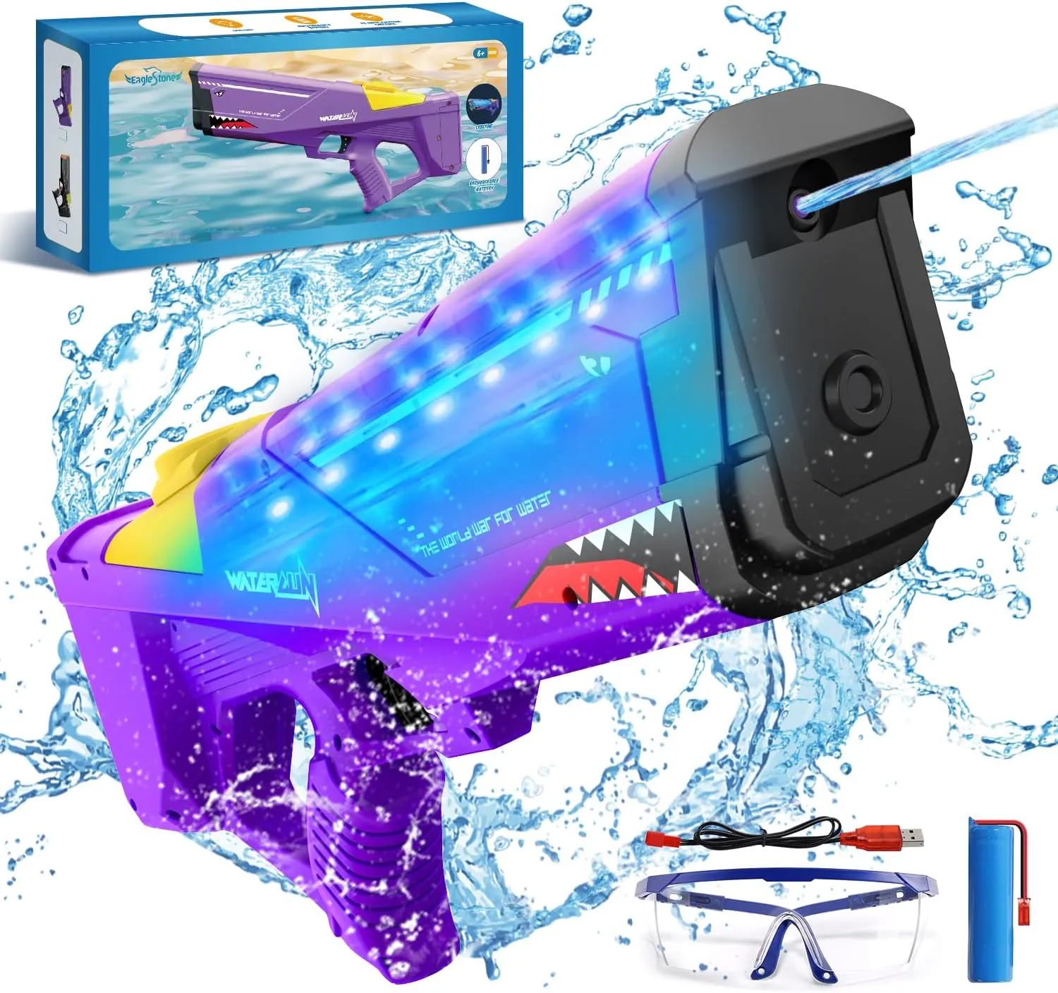 EagleStone Shark Electric Water Gun for Kids,Automatic Water Squirt Gun with Cool LED Light,Up to 33FT Shooting Range,1500mAh Large-Capacity Battery,Summer Pool Favor,Outdoor Beach Pool Toys