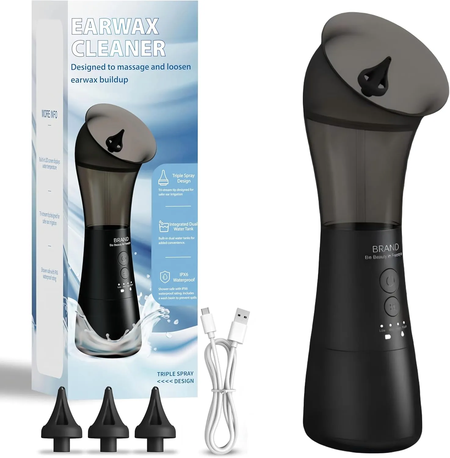 Ear Wax Removal Kit, 4-Mode Electric Ear Cleaner - IPX6 Waterproof, Earwax Cleaning Kit with Water Temperature Indicator, Easy-Clean Design for Home Use