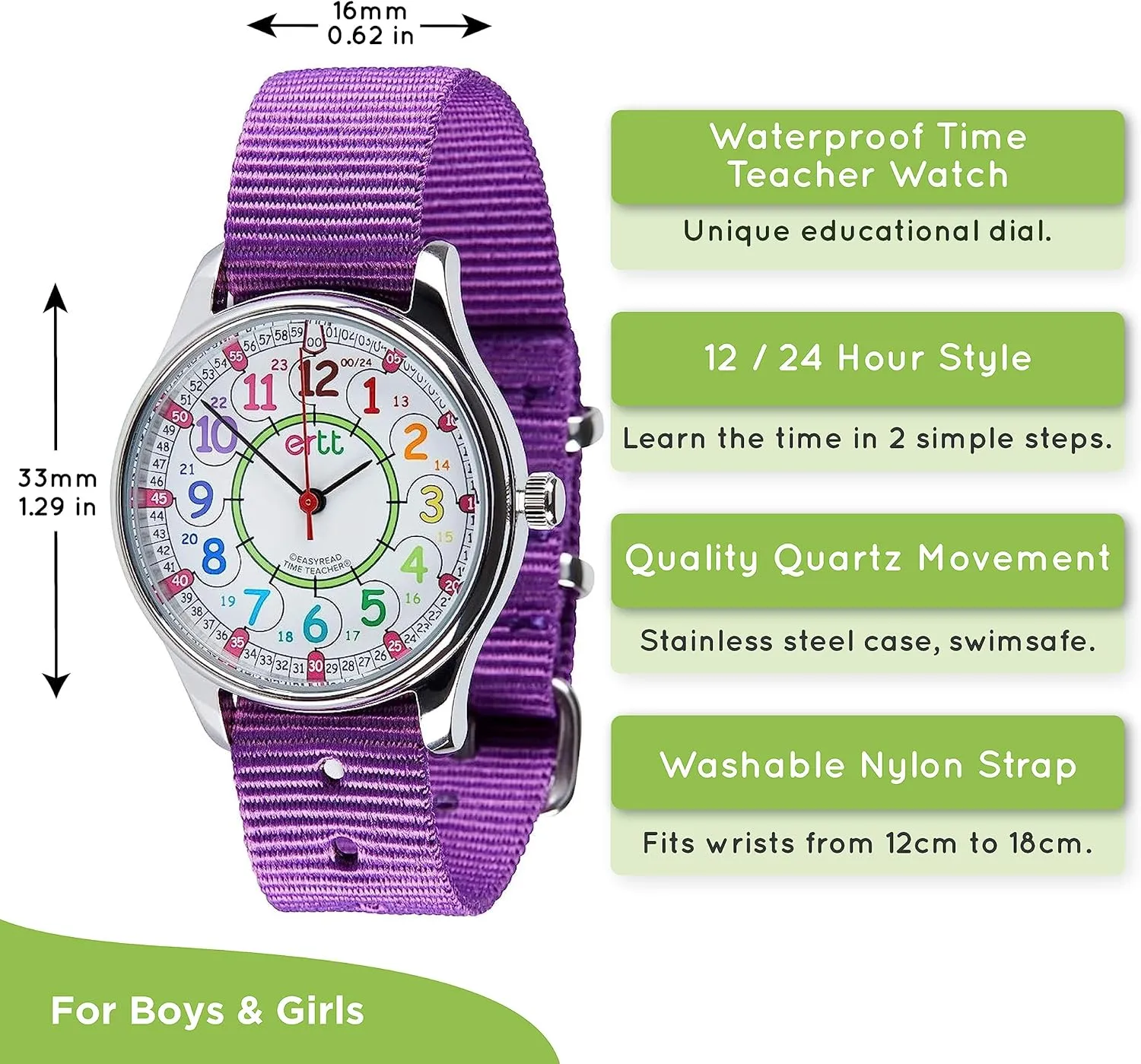 EasyRead Time Teacher Waterproof Kids' Watch - Boys & Girls Time Teacher Watch with 12-24Hr & Easy to Read Dial