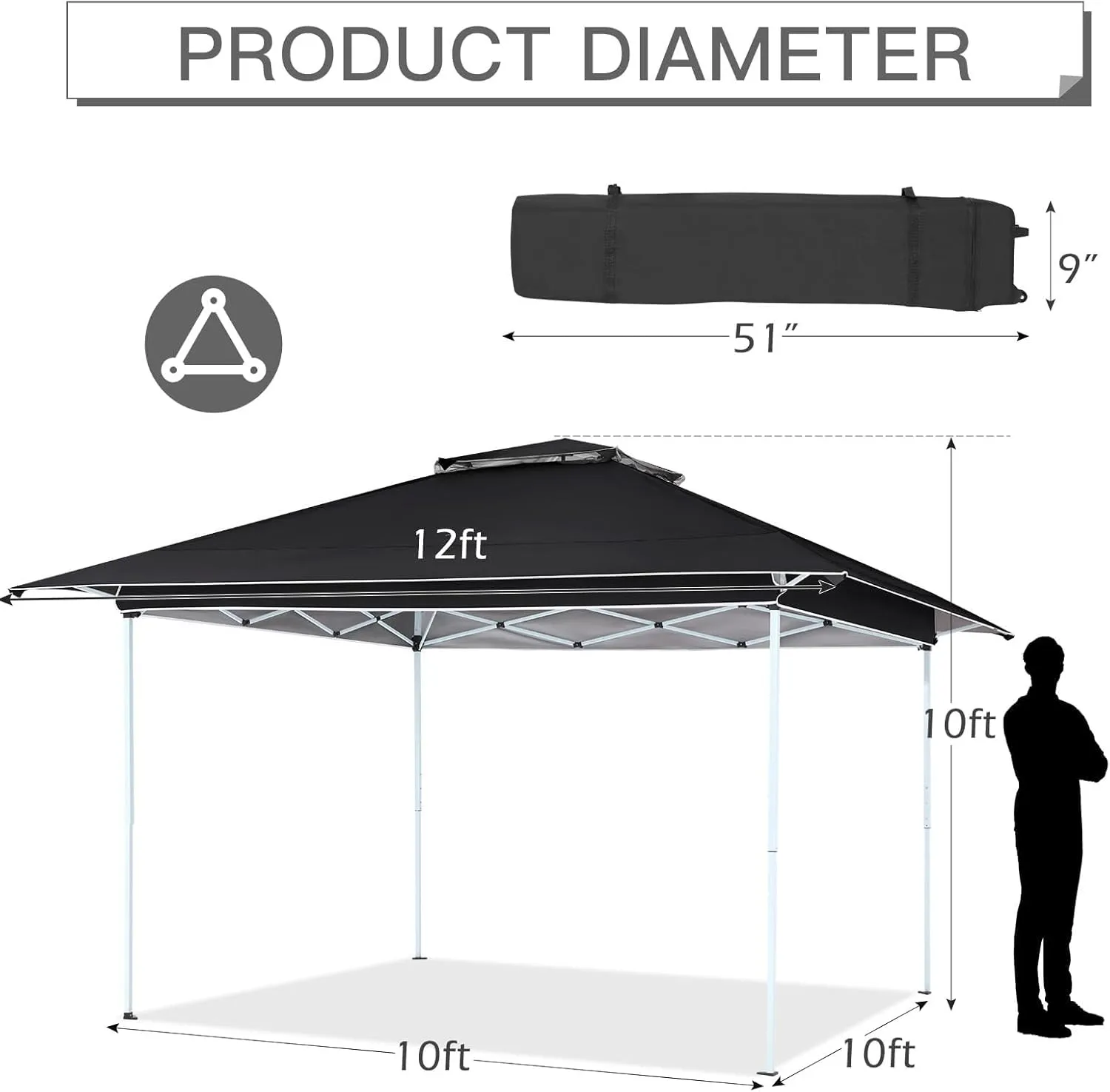 ECOTOUGE Canopy Tent Instant Shelter Canopy with Carrying Roller Bag, Outdoor Party Gazebo with Waterproof and UV Resistant for Parties, Camping, Picnic (Black 12FT)