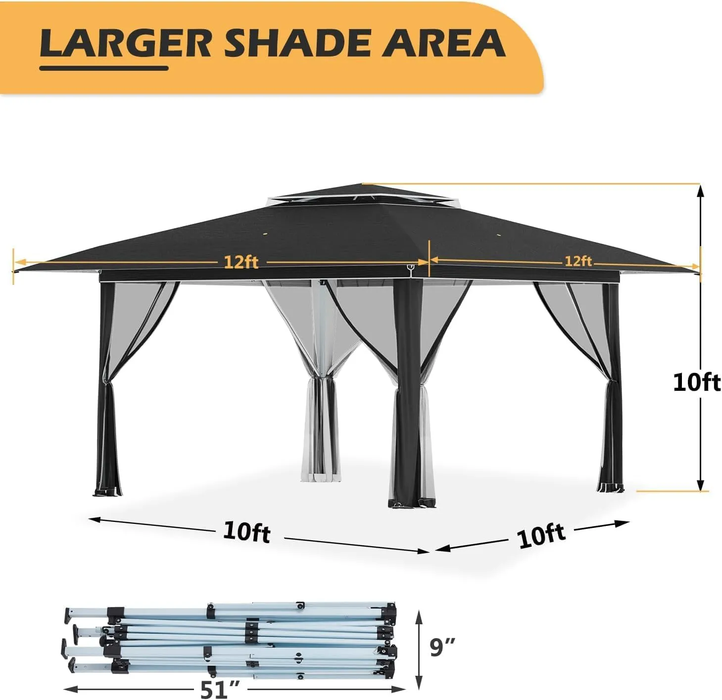 ECOTOUGE Pop Up Gazebo with Double Roofs, 12x12 Canopy Tent Instant Shelter Patio Tent with Mosquito Nettings, Carrying Roller Bag Waterproof and UV Resistant for Garden, Grill and Backyard, Black