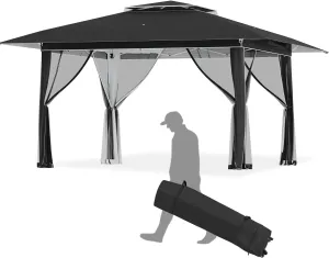ECOTOUGE Pop Up Gazebo with Double Roofs, 12x12 Canopy Tent Instant Shelter Patio Tent with Mosquito Nettings, Carrying Roller Bag Waterproof and UV Resistant for Garden, Grill and Backyard, Black