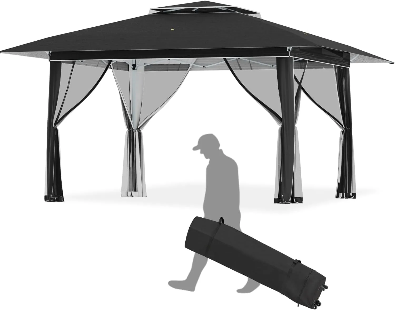 ECOTOUGE Pop Up Gazebo with Double Roofs, 12x12 Canopy Tent Instant Shelter Patio Tent with Mosquito Nettings, Carrying Roller Bag Waterproof and UV Resistant for Garden, Grill and Backyard, Black