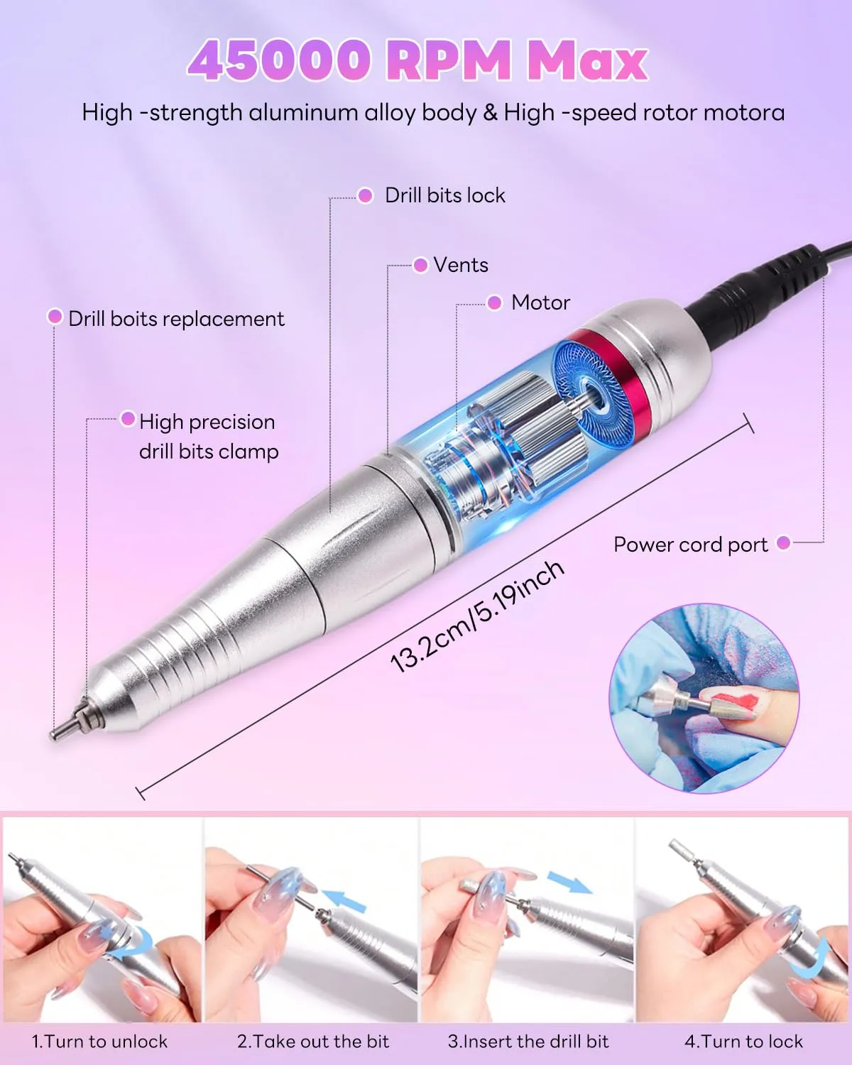 Electric Nail Drill Professional: 45000 RPM Nail File Kit Machine with LCD Display, Hand & Foot Control Low Noise for Acrylic, Gel Nails, Manicure & Pedicure - Salon & Home Use (Dazzle Plus)