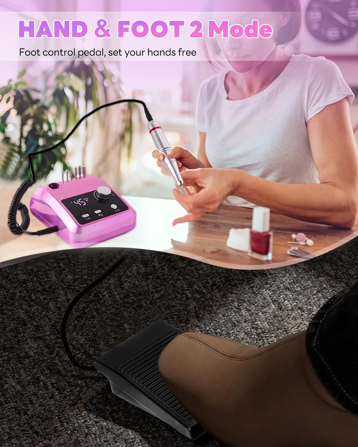 Electric Nail Drill Professional: 45000 RPM Nail File Kit Machine with LCD Display, Hand & Foot Control Low Noise for Acrylic, Gel Nails, Manicure & Pedicure - Salon & Home Use (Dazzle Plus)
