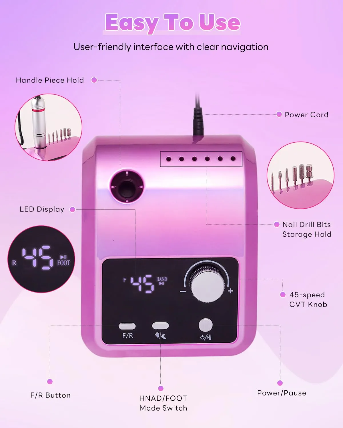Electric Nail Drill Professional: 45000 RPM Nail File Kit Machine with LCD Display, Hand & Foot Control Low Noise for Acrylic, Gel Nails, Manicure & Pedicure - Salon & Home Use (Dazzle Plus)