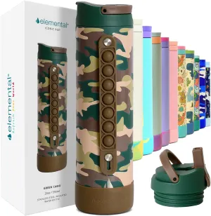 Elemental Iconic Kids Water Bottle with Straw Lid & Stress Reliever Pop It Handle, Leak-Proof When Closed, Triple Insulated Stainless Steel Reusable Thermos Water Bottle, 20oz - Green Camo