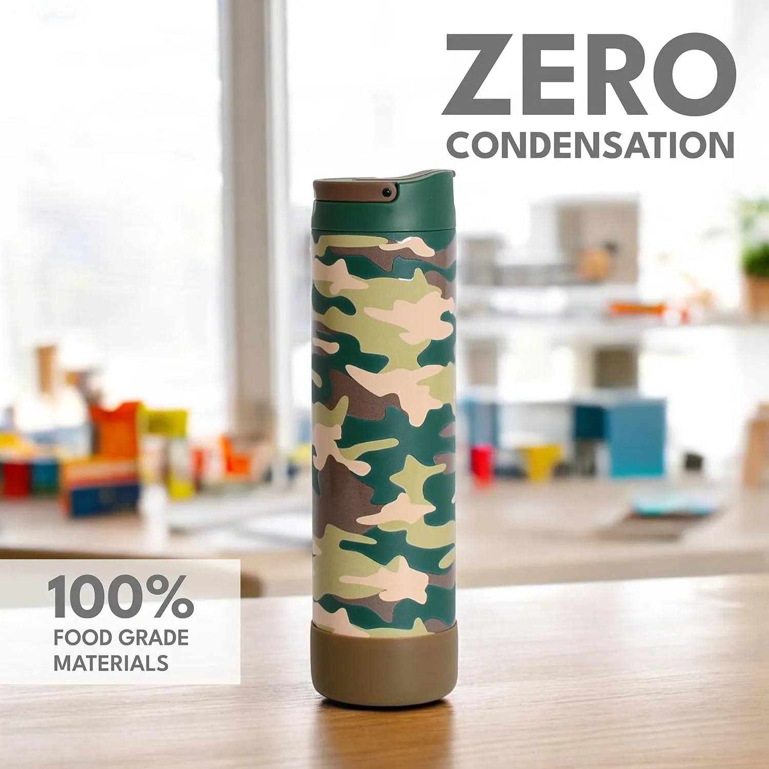 Elemental Iconic Kids Water Bottle with Straw Lid & Stress Reliever Pop It Handle, Leak-Proof When Closed, Triple Insulated Stainless Steel Reusable Thermos Water Bottle, 20oz - Green Camo