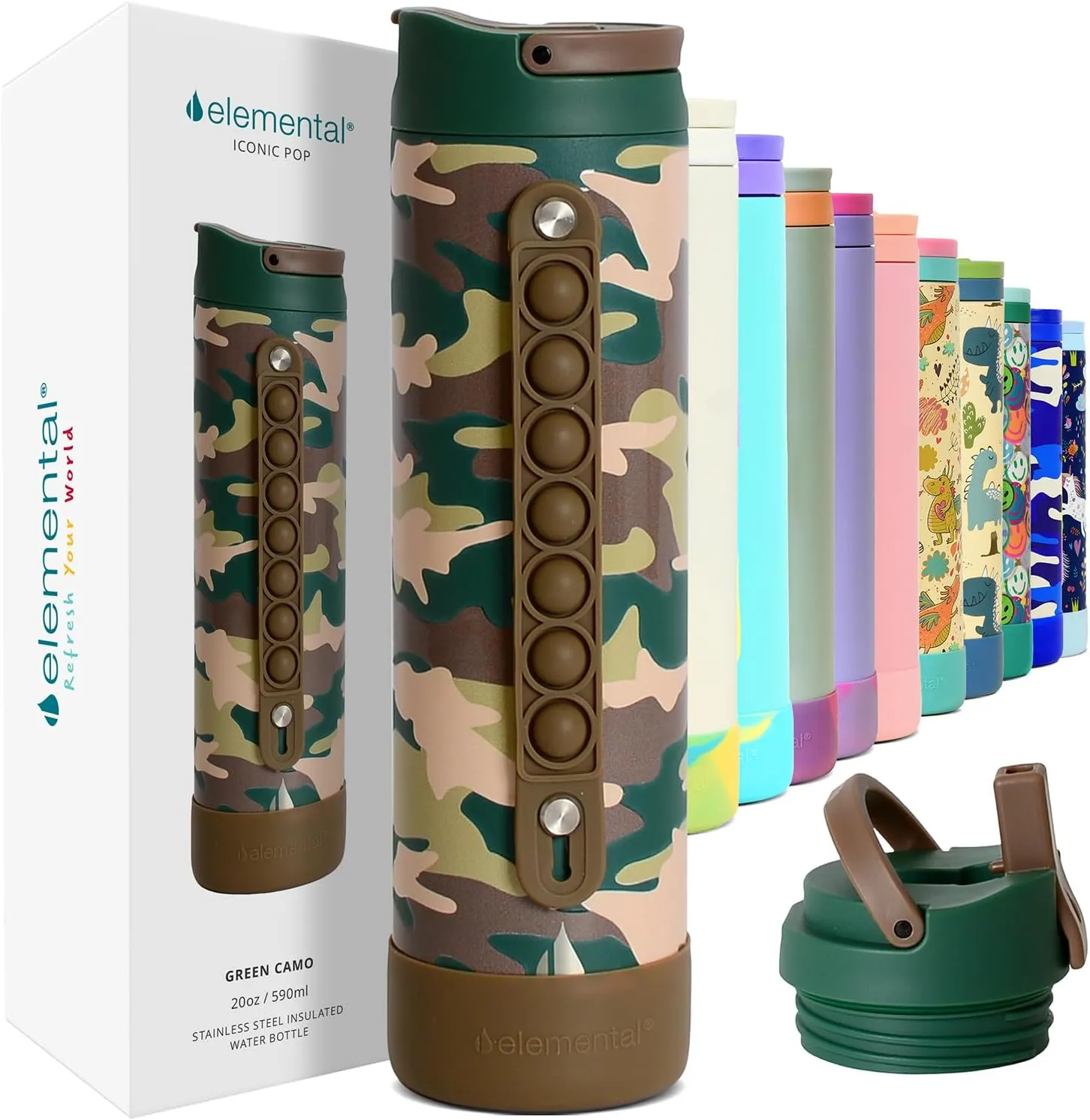 Elemental Iconic Kids Water Bottle with Straw Lid & Stress Reliever Pop It Handle, Leak-Proof When Closed, Triple Insulated Stainless Steel Reusable Thermos Water Bottle, 20oz - Green Camo