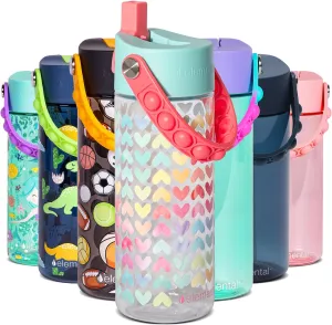 Elemental Leak Proof Water Bottles for Kids - Splash Kids Water Bottle for School with Pop-it Handle - BPA Free Tritan Plastic Reusable Water Bottle with Straw - Rainbow Heart - 18oz