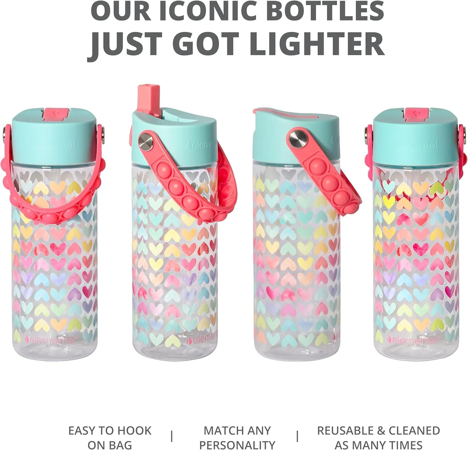 Elemental Leak Proof Water Bottles for Kids - Splash Kids Water Bottle for School with Pop-it Handle - BPA Free Tritan Plastic Reusable Water Bottle with Straw - Rainbow Heart - 18oz