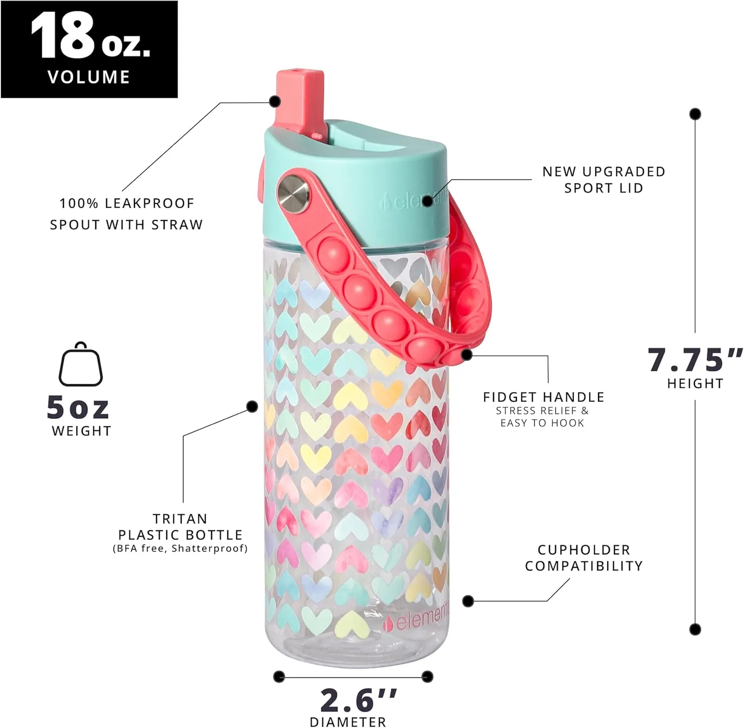 Elemental Leak Proof Water Bottles for Kids - Splash Kids Water Bottle for School with Pop-it Handle - BPA Free Tritan Plastic Reusable Water Bottle with Straw - Rainbow Heart - 18oz
