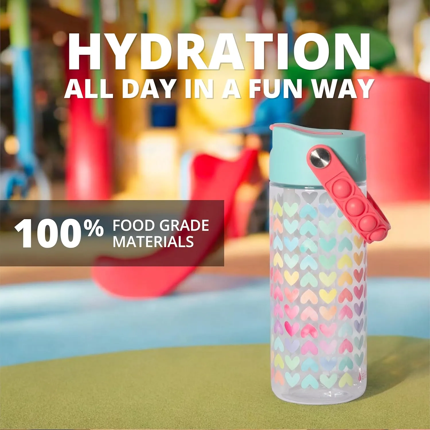 Elemental Leak Proof Water Bottles for Kids - Splash Kids Water Bottle for School with Pop-it Handle - BPA Free Tritan Plastic Reusable Water Bottle with Straw - Rainbow Heart - 18oz