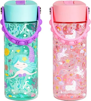 Elemental Leak Proof Water Bottles for Kids - Splash Kids Water Bottle for School with Pop-it Handle - Tritan Plastic Water Bottle with Straw - Mermaid & Pink Unicorn - 18oz (2 Pack)