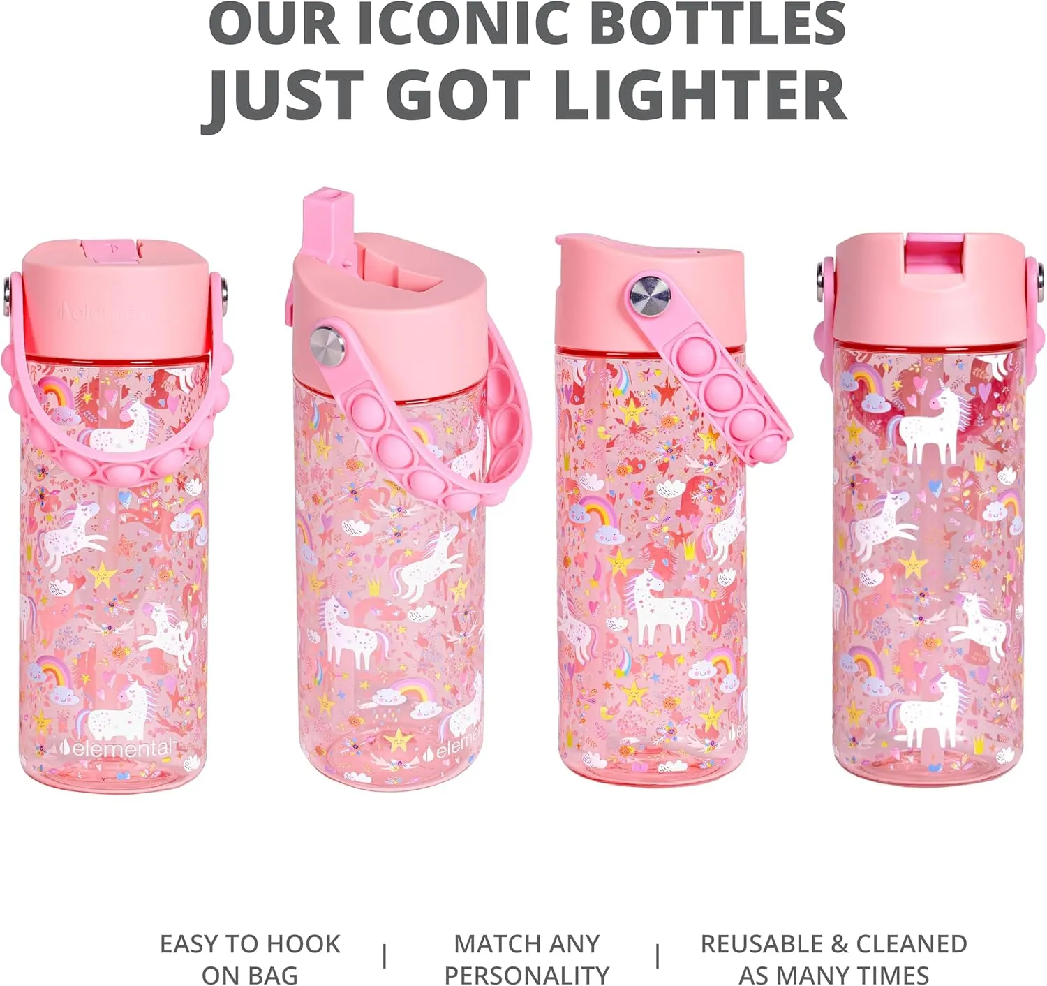 Elemental Leak Proof Water Bottles for Kids - Splash Kids Water Bottle for School with Pop-it Handle - Tritan Plastic Water Bottle with Straw - Mermaid & Pink Unicorn - 18oz (2 Pack)