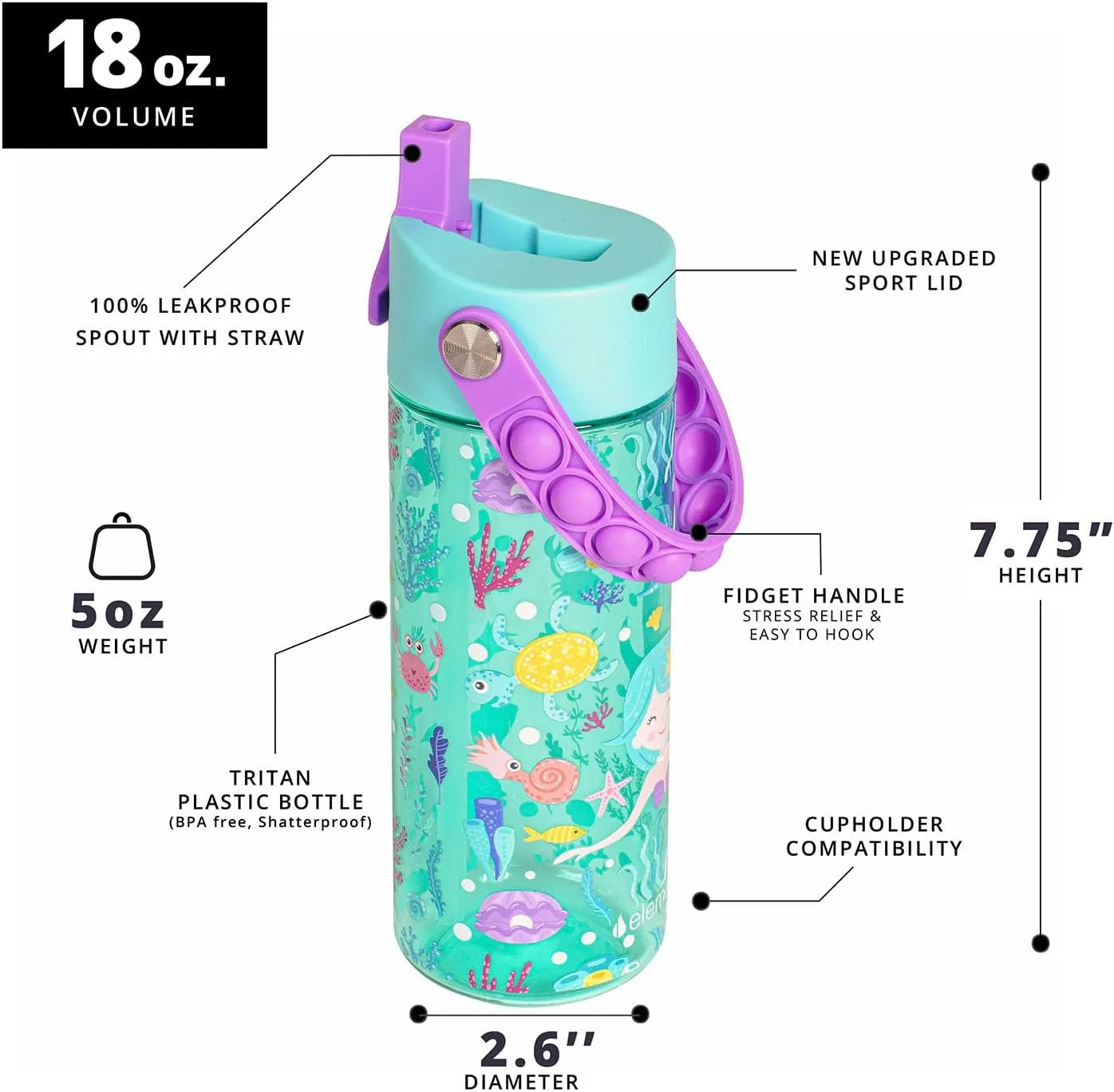 Elemental Leak Proof Water Bottles for Kids - Splash Kids Water Bottle for School with Pop-it Handle - Tritan Plastic Water Bottle with Straw - Mermaid & Pink Unicorn - 18oz (2 Pack)