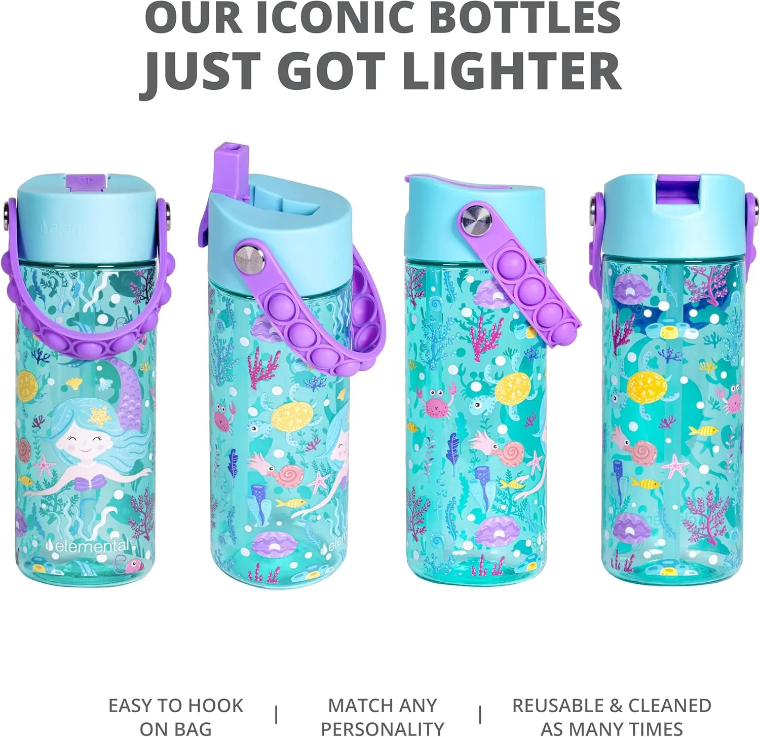 Elemental Leak Proof Water Bottles for Kids - Splash Kids Water Bottle for School with Pop-it Handle - Tritan Plastic Water Bottle with Straw - Mermaid & Pink Unicorn - 18oz (2 Pack)